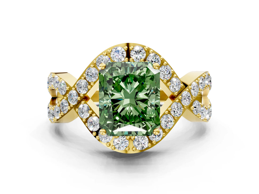 Yellow gold Fancy Green Radiant  Solitaire Twist Band Pavé Diamond Engagement Ring_32