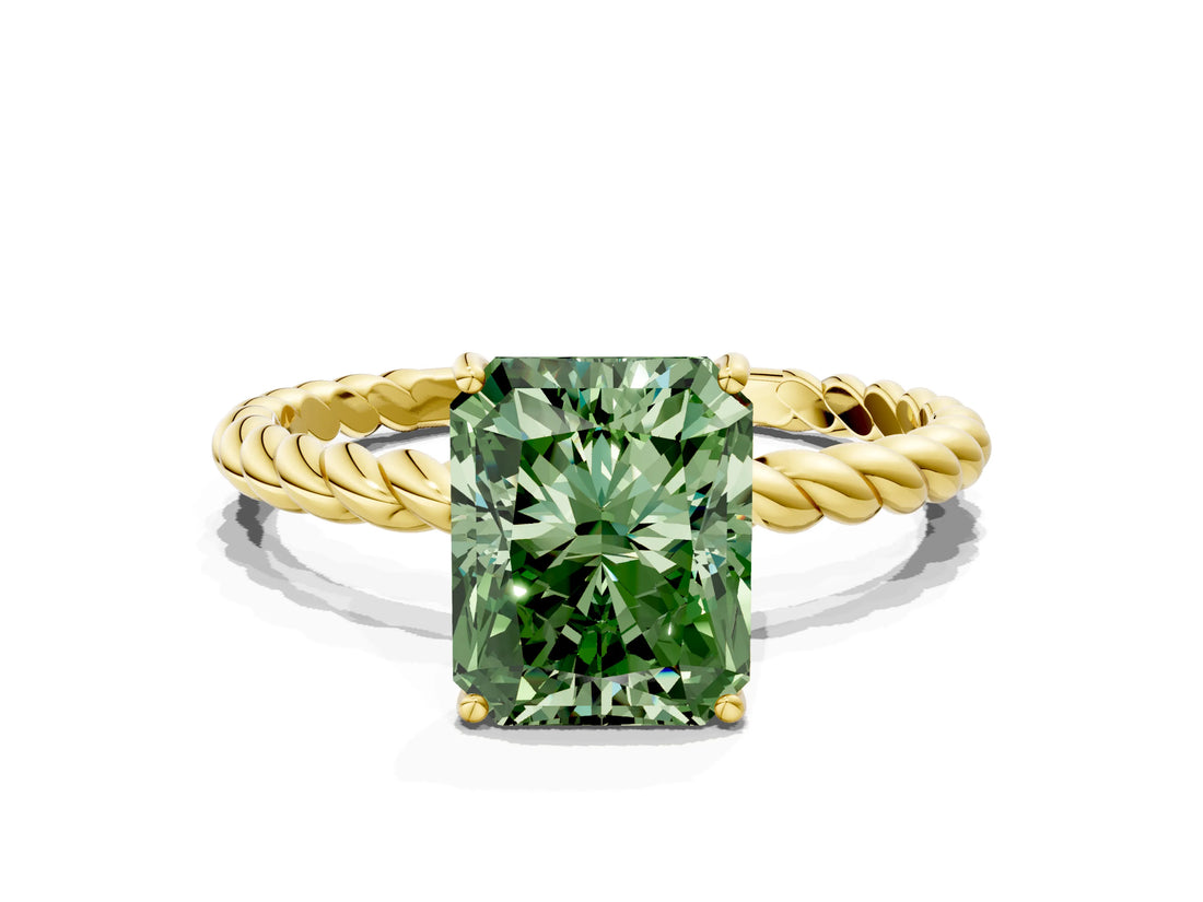 Yellow gold Fancy Green Radiant  Solitaire Twist Band Ring with Four-Prong Setting_67