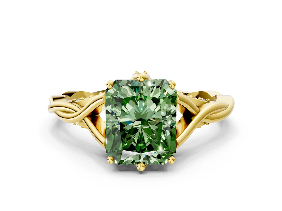 Yellow gold Fancy Green Radiant  Solitaire Twist Band Six-Prong Setting 1