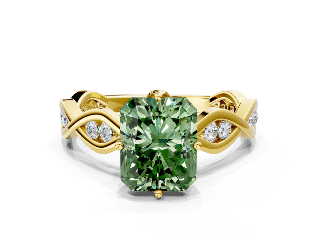 Yellow gold Fancy Green Radiant  Solitaire Twist Band with Leaf Prong Setting 1