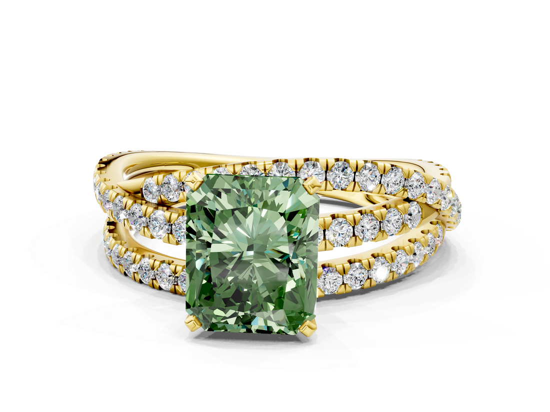 Yellow gold Fancy Green Radiant  Solitaire Twist Band with Pavé Setting and Four-Prong Setting_115