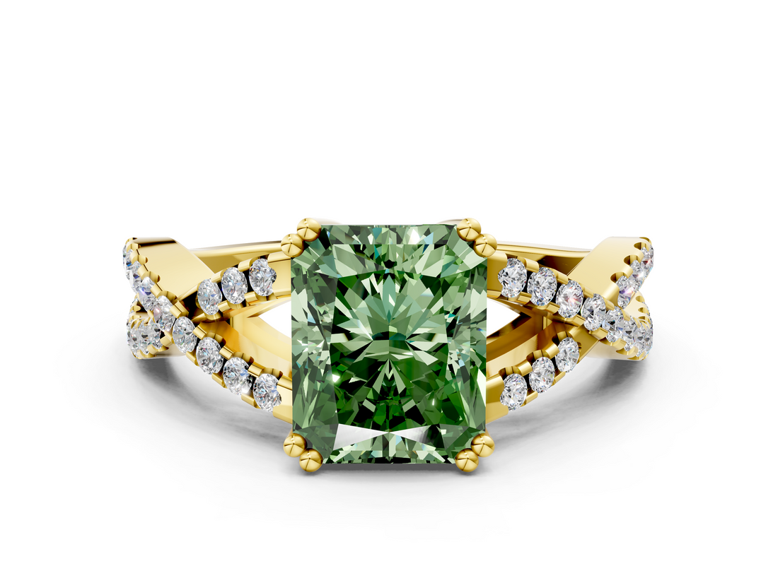 Yellow gold Fancy Green Radiant  Solitaire Twist Band with Pavé Setting and Four-Prong Setting_31