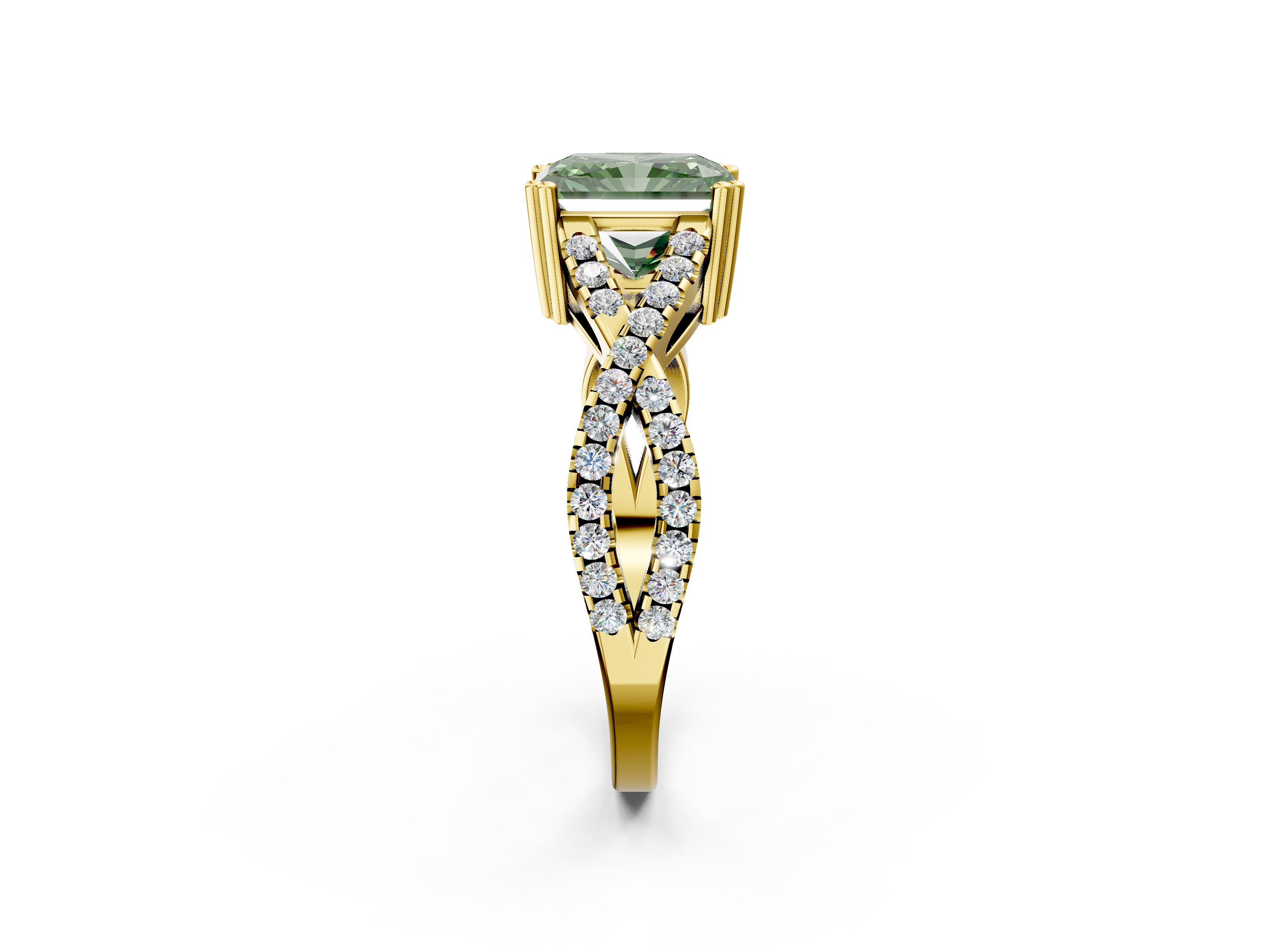 Yellow gold Fancy Green Radiant  Solitaire Twist Band with Pavé Setting and Four-Prong Setting_33