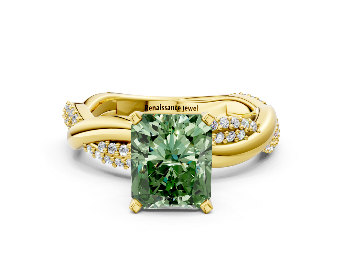 Yellow gold Fancy Green Radiant  Solitaire Twist Band with Pave Prong Setting_40