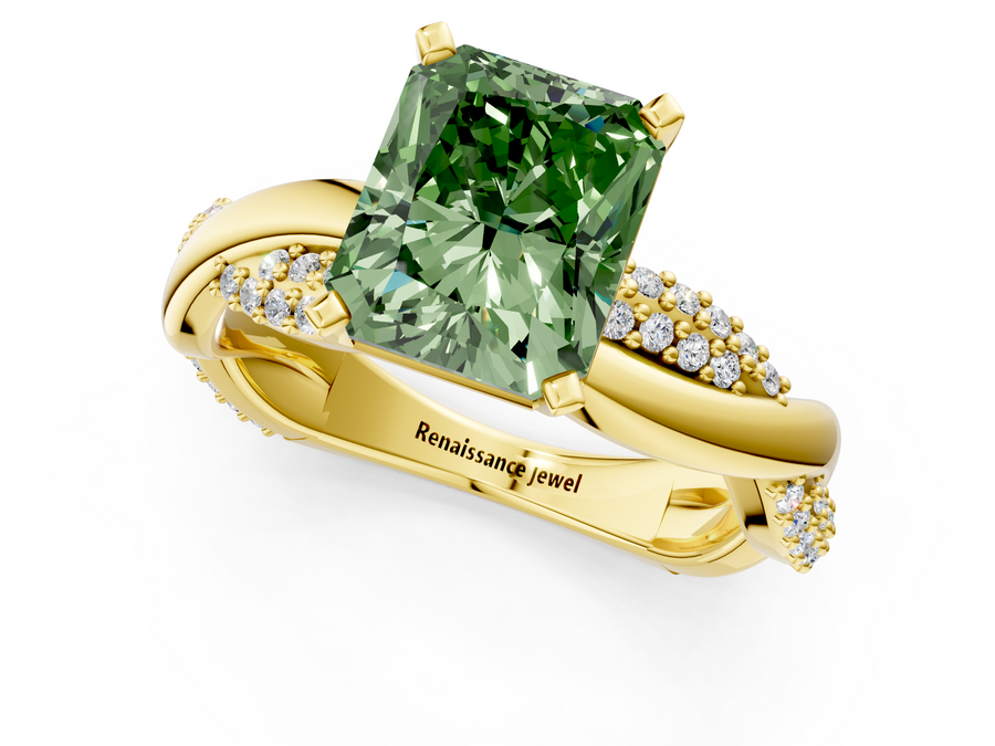 Yellow gold Fancy Green Radiant  Solitaire Twist Band with Pave Prong Setting