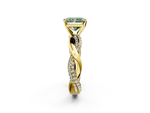 Yellow gold Fancy Green Radiant  Solitaire Twist Band with Pave Prong Setting