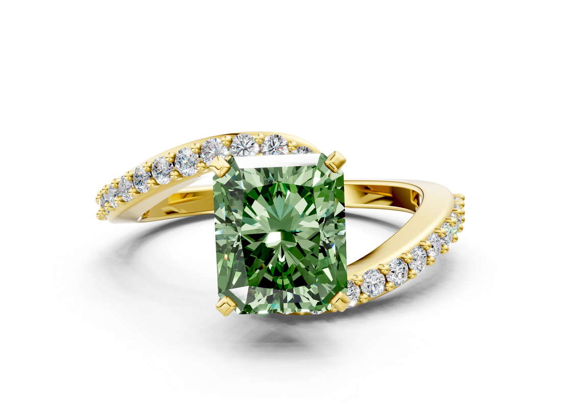 Yellow gold Fancy Green Radiant  Solitaire Twist Band with Pave Set Diamonds and Four-Prong Setting_109