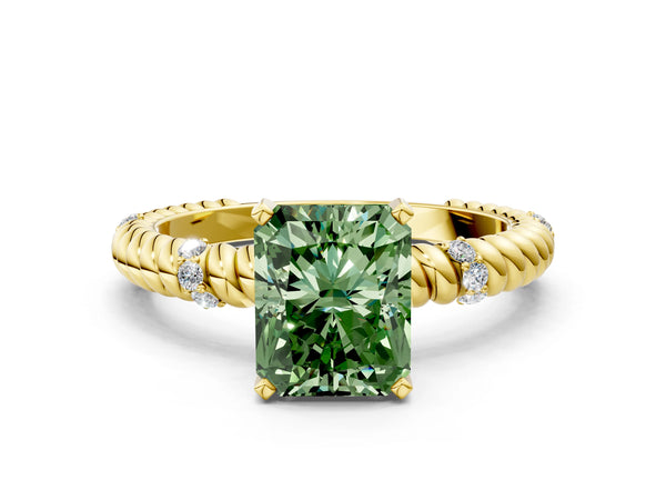 Yellow gold Fancy Green Radiant  Solitaire Twisted Band Prong Set Engagement Ring
