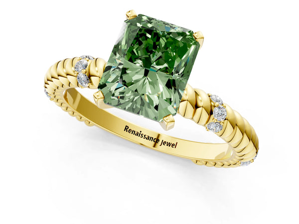 Yellow gold Fancy Green Radiant  Solitaire Twisted Band Prong Set Engagement Ring