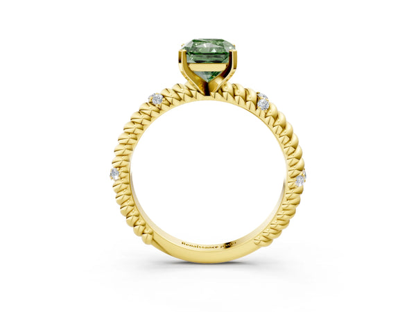 Yellow gold Fancy Green Radiant  Solitaire Twisted Band Prong Set Engagement Ring