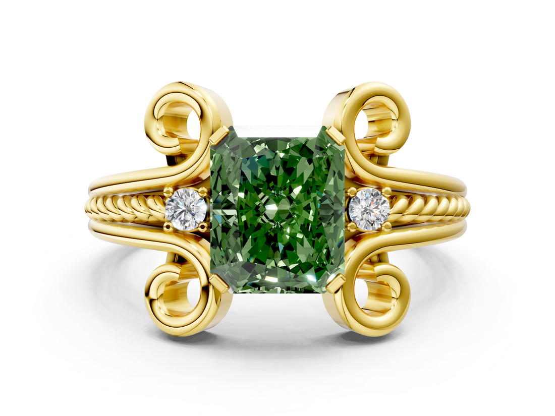 Yellow gold Fancy Green Radiant  Solitaire Twisted Band Scroll Prong Ring_3