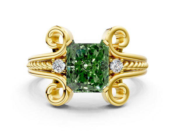 Yellow gold Fancy Green Radiant  Solitaire Twisted Band Scroll Prong Ring