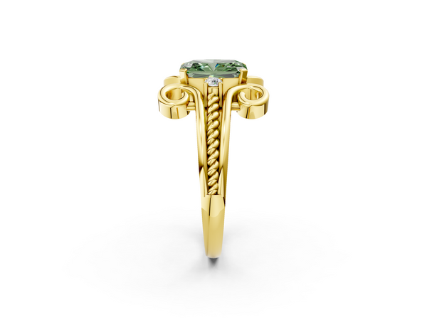 Yellow gold Fancy Green Radiant  Solitaire Twisted Band Scroll Prong Ring