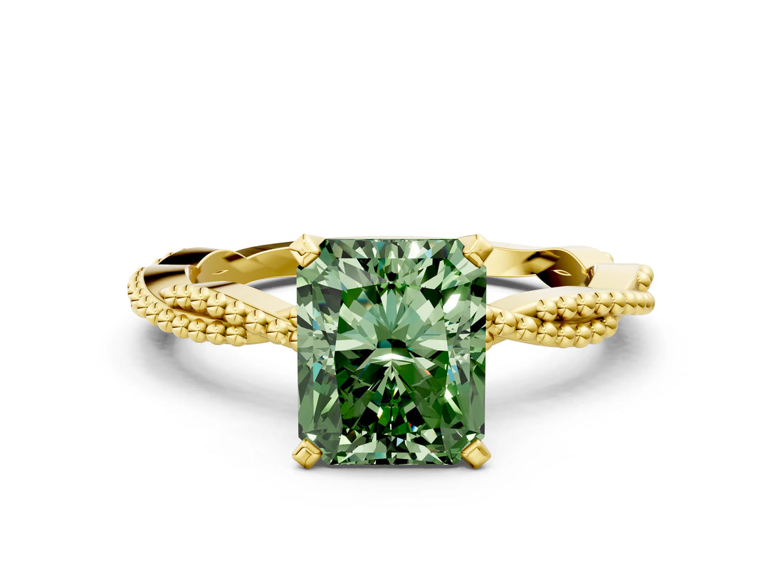 Yellow gold Fancy Green Radiant  Solitaire Twisted Band with Bead Prong Setting_359