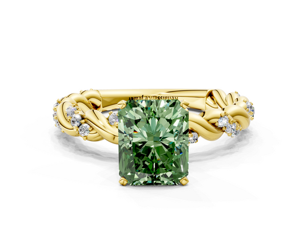 Yellow gold Fancy Green Radiant Cut Diamond Solitaire Ring with Twisted Band and Pavé Accents