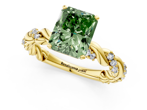 Yellow gold Fancy Green Radiant Cut Diamond Solitaire Ring with Twisted Band and Pavé Accents
