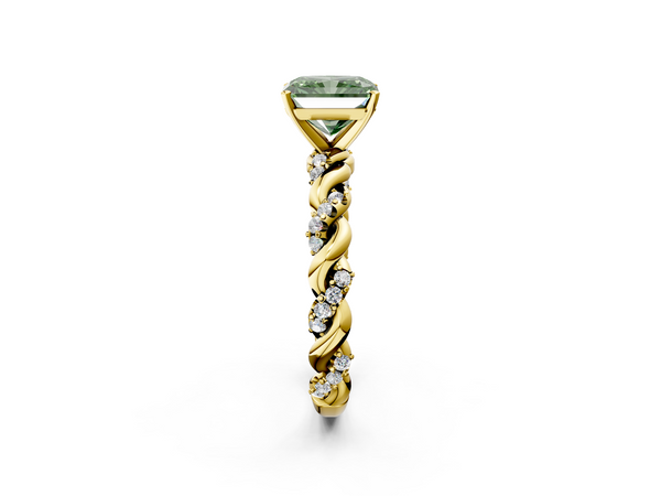 Yellow gold Fancy Green Radiant Cut Diamond Solitaire Ring with Twisted Band and Pavé Accents