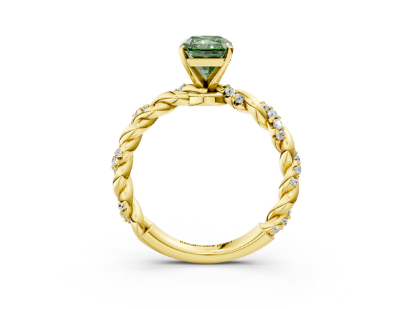 Yellow gold Fancy Green Radiant Cut Diamond Solitaire Ring with Twisted Band and Pavé Accents