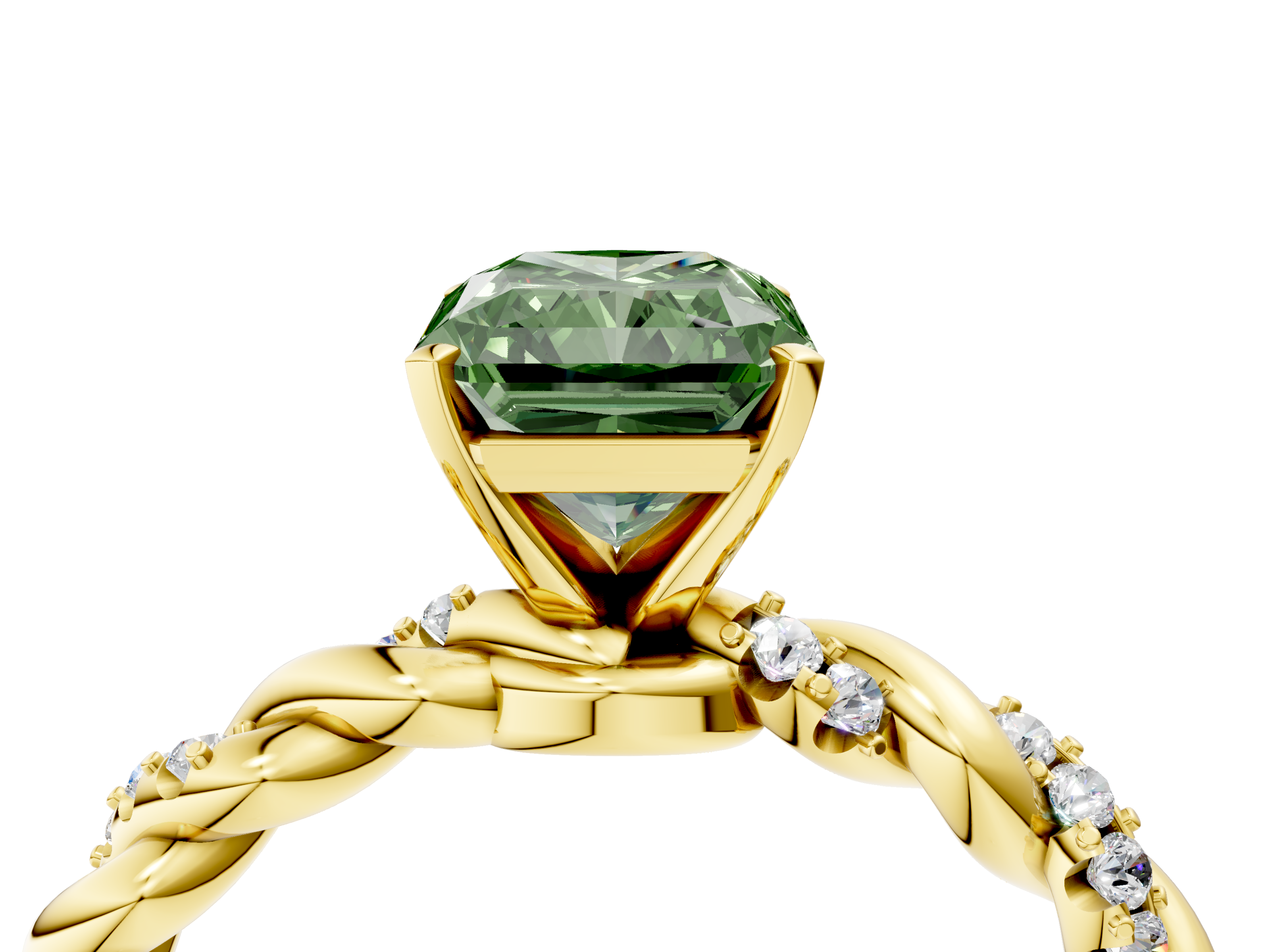 Yellow gold Fancy Green Radiant  Solitaire Twisted Band with Pavé Accents and Four-Prong Setting_7