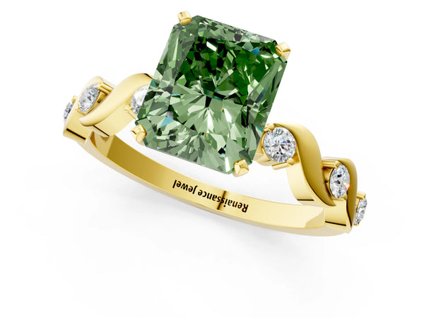 Yellow gold Fancy Green Radiant  Solitaire Twisted Band with Prong Setting