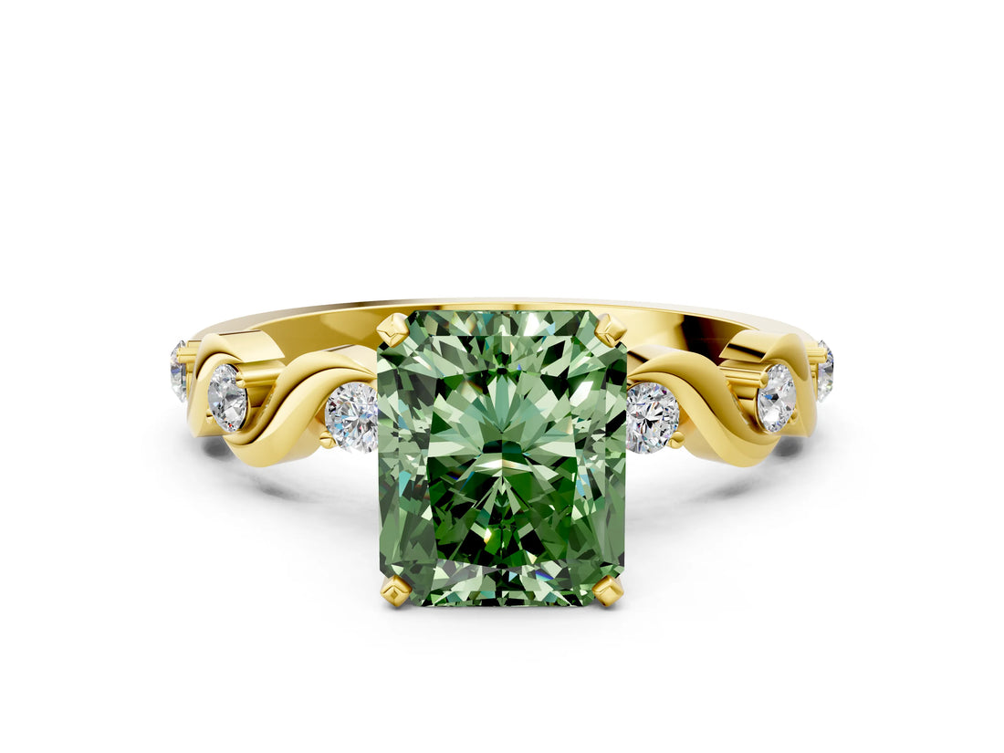 Yellow gold Fancy Green Radiant  Solitaire Twisted Band with Prong Setting