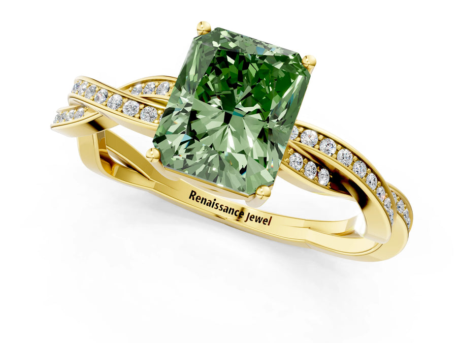 Yellow gold Fancy Green Radiant  Solitaire Twisted Pave Diamond Ring with Four-Prong Setting