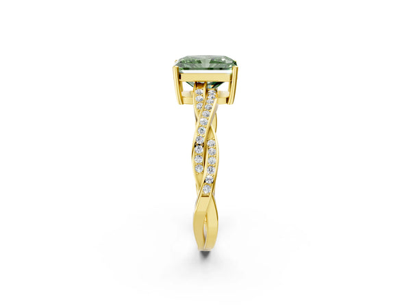 Yellow gold Fancy Green Radiant  Solitaire Twisted Pave Diamond Ring with Four-Prong Setting