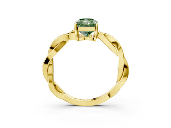 Yellow gold Fancy Green Radiant  Solitaire Twisted Pave Diamond Ring with Four-Prong Setting