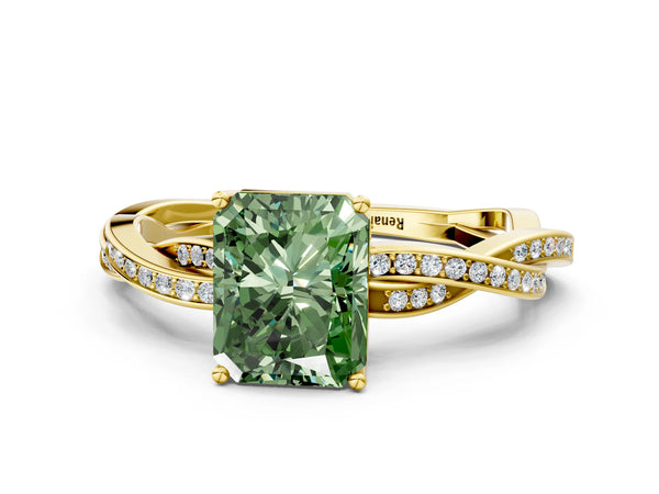 Yellow gold Fancy Green Radiant  Solitaire Twisted Pave Diamond Ring with Four-Prong Setting