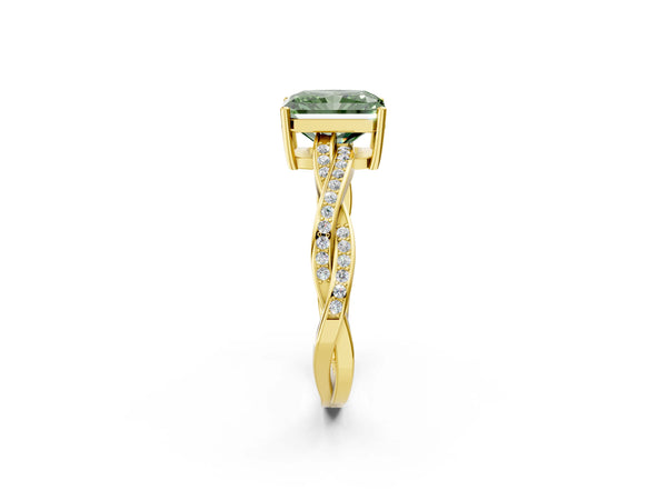 Yellow gold Fancy Green Radiant  Solitaire Twisted Pave Diamond Ring with Four-Prong Setting