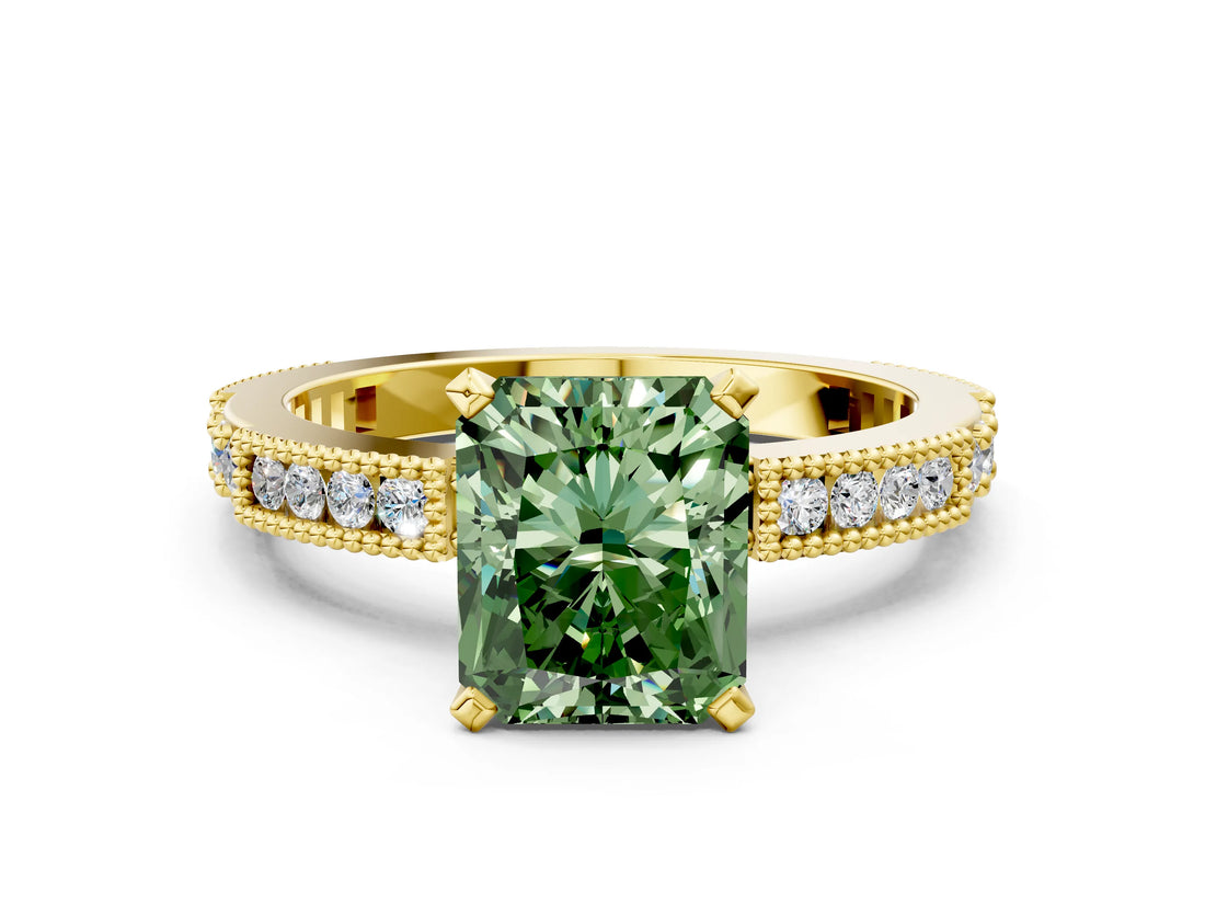 Yellow gold Fancy Green Radiant  Solitaire with Pavé Band and Four-Prong Setting_308
