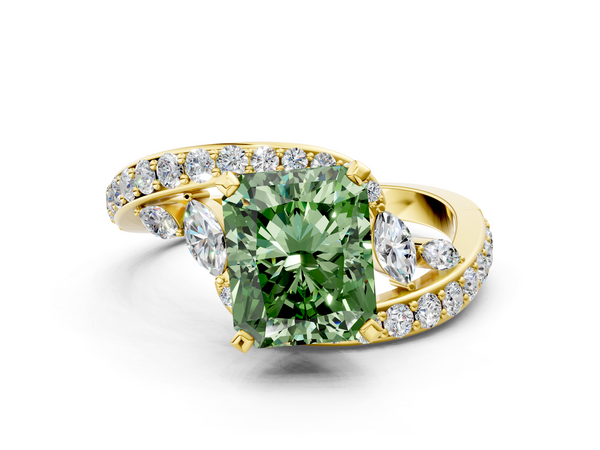 Yellow gold Fancy Green Radiant  Solitaire with Pavé Twist Band and Four-Prong Setting