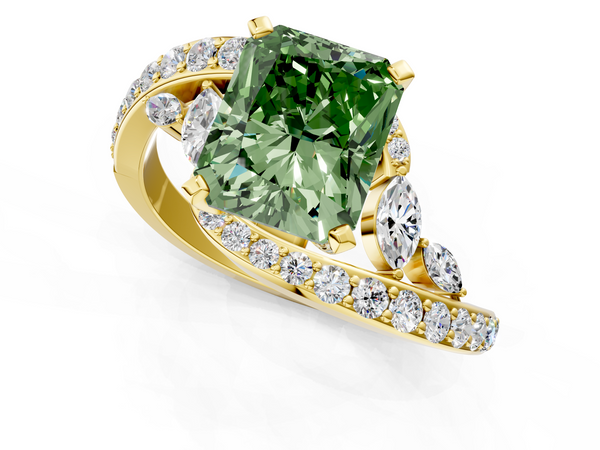 Yellow gold Fancy Green Radiant  Solitaire with Pavé Twist Band and Four-Prong Setting