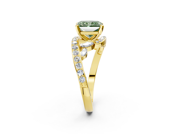 Yellow gold Fancy Green Radiant  Solitaire with Pavé Twist Band and Four-Prong Setting
