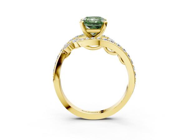 Yellow gold Fancy Green Radiant  Solitaire with Pavé Twist Band and Four-Prong Setting