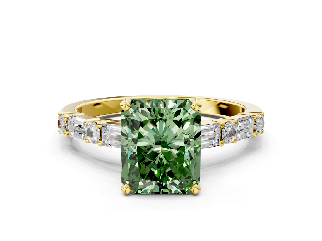 Yellow gold Fancy Green Radiant  Solitaire with Side Baguettes and Channel Set Band_62