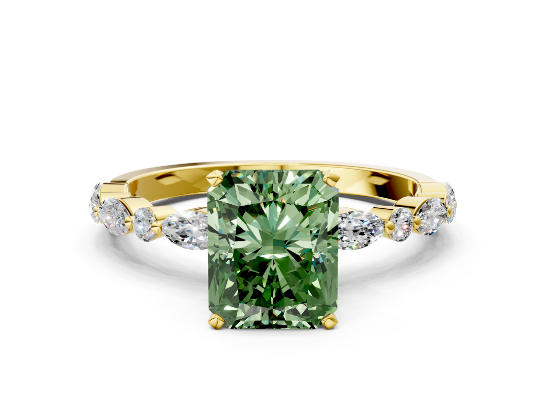 Yellow gold Fancy Green Radiant  Solitaire with Side Stones on a Pavé Band and Four-Prong Setting_23