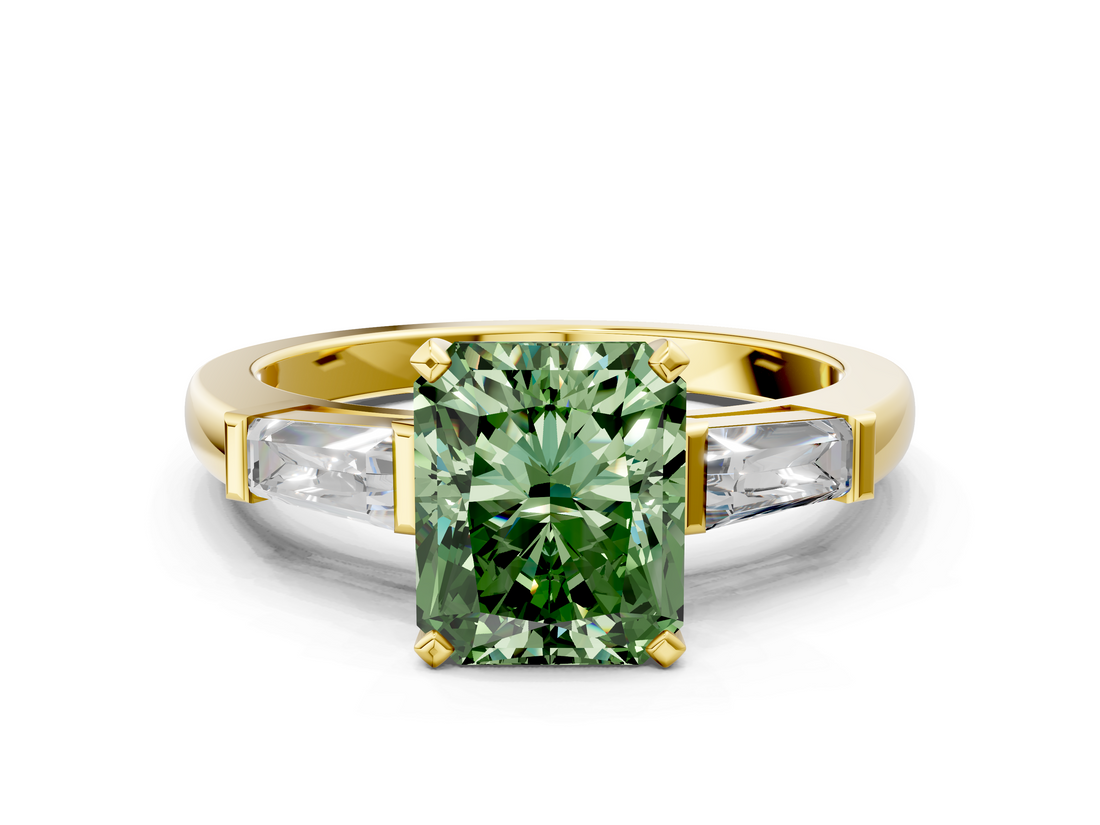 Yellow gold Fancy Green Radiant  Solitaire with Tapered Baguette Side Stones on a Classic Band with Four-Prong Setting_88