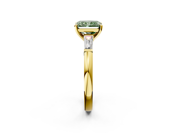 Yellow gold Fancy Green Radiant  Solitaire with Tapered Baguette Side Stones on a Classic Band with Four-Prong Setting