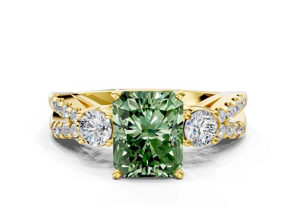 Yellow gold Fancy Green Radiant Cut Diamond Three-Stone Ring with Pavé Split Shank and Four-Prong Setting