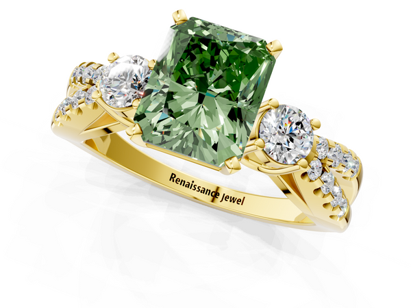 Yellow gold Fancy Green Radiant Cut Diamond Three-Stone Ring with Pavé Split Shank and Four-Prong Setting