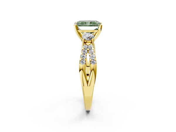 Yellow gold Fancy Green Radiant Cut Diamond Three-Stone Ring with Pavé Split Shank and Four-Prong Setting