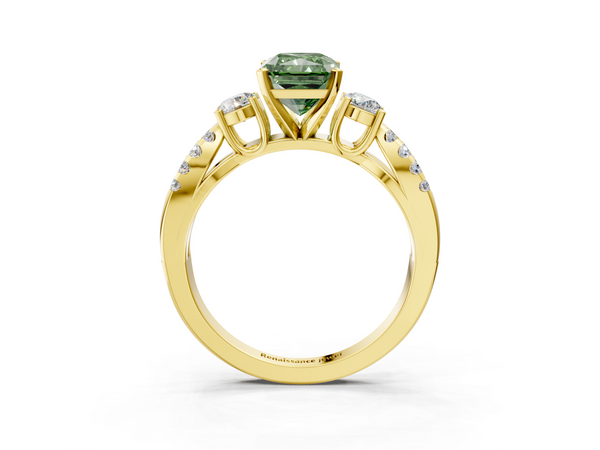 Yellow gold Fancy Green Radiant Cut Diamond Three-Stone Ring with Pavé Split Shank and Four-Prong Setting
