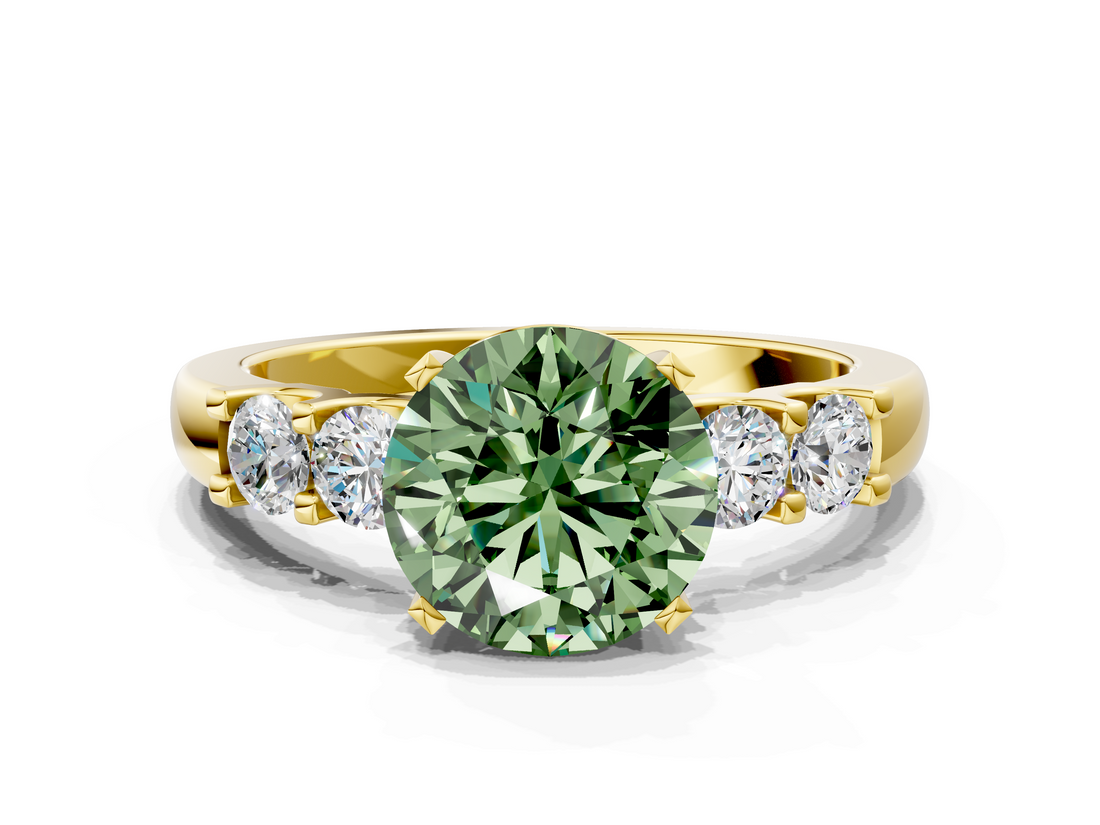 Yellow gold Fancy Green Round  Brilliant Cut Diamond Five-Stone Prong Set Engagement Ring with Channel Band_3