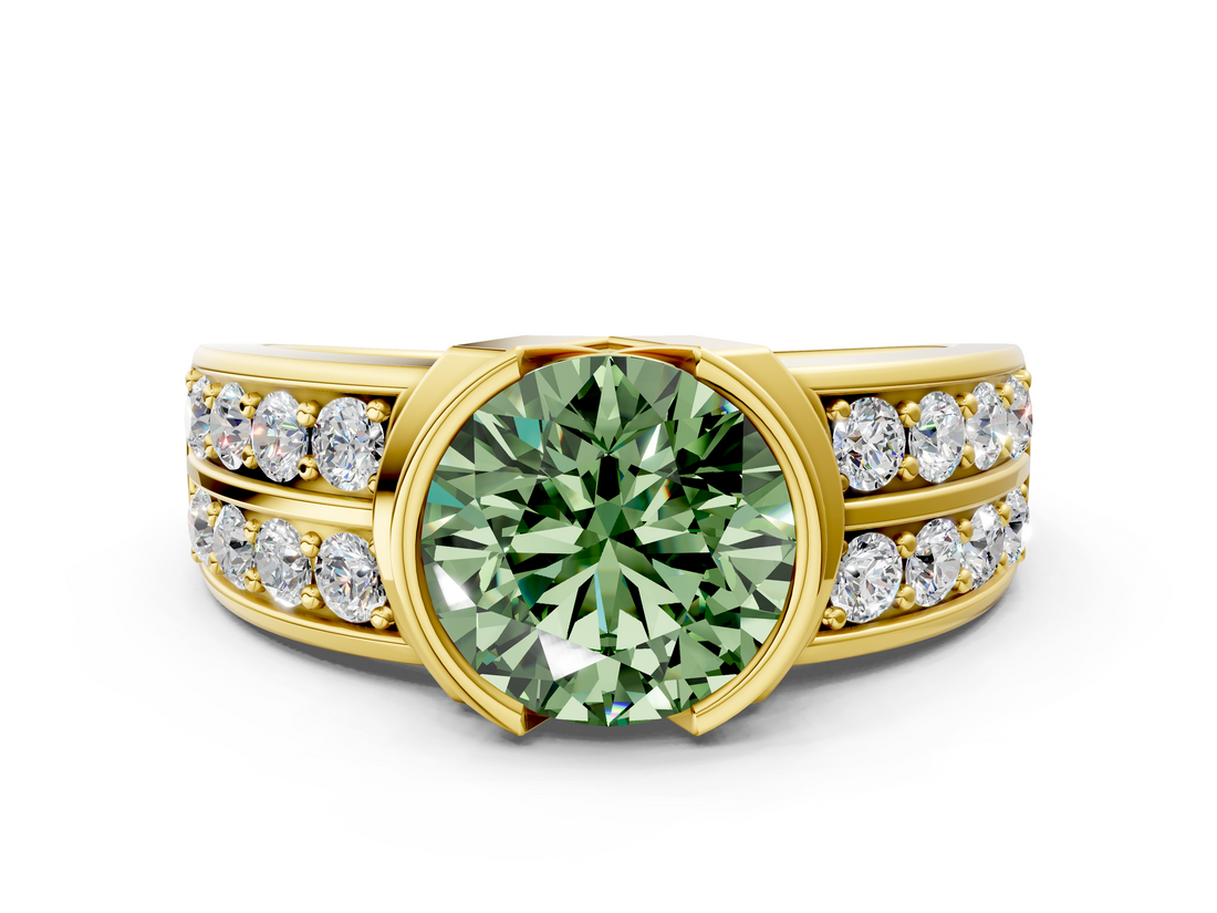 Yellow gold Fancy Green Round  Brilliant Diamond Channel Set Wide Band Ring with Bezel Setting_20