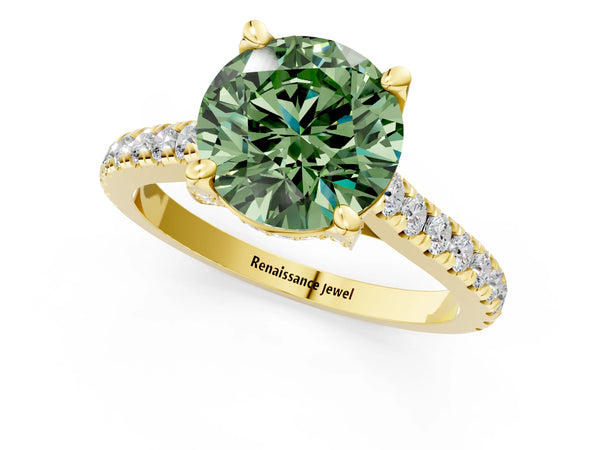 Yellow gold Fancy Green Round  Brilliant Diamond Solitaire with Pavé Band and Four-Prong Setting
