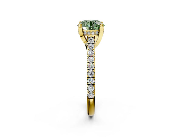 Yellow gold Fancy Green Round  Brilliant Diamond Solitaire with Pavé Band and Four-Prong Setting