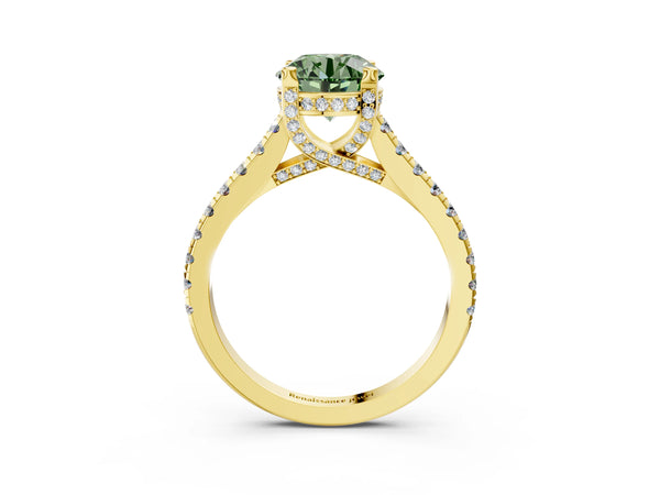 Yellow gold Fancy Green Round  Brilliant Diamond Solitaire with Pavé Band and Four-Prong Setting