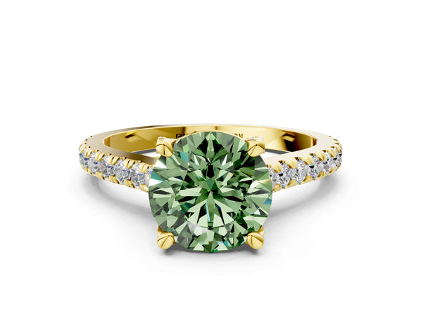 Yellow gold Fancy Green Round  Brilliant Diamond Solitaire with Pavé Band and Four-Prong Setting