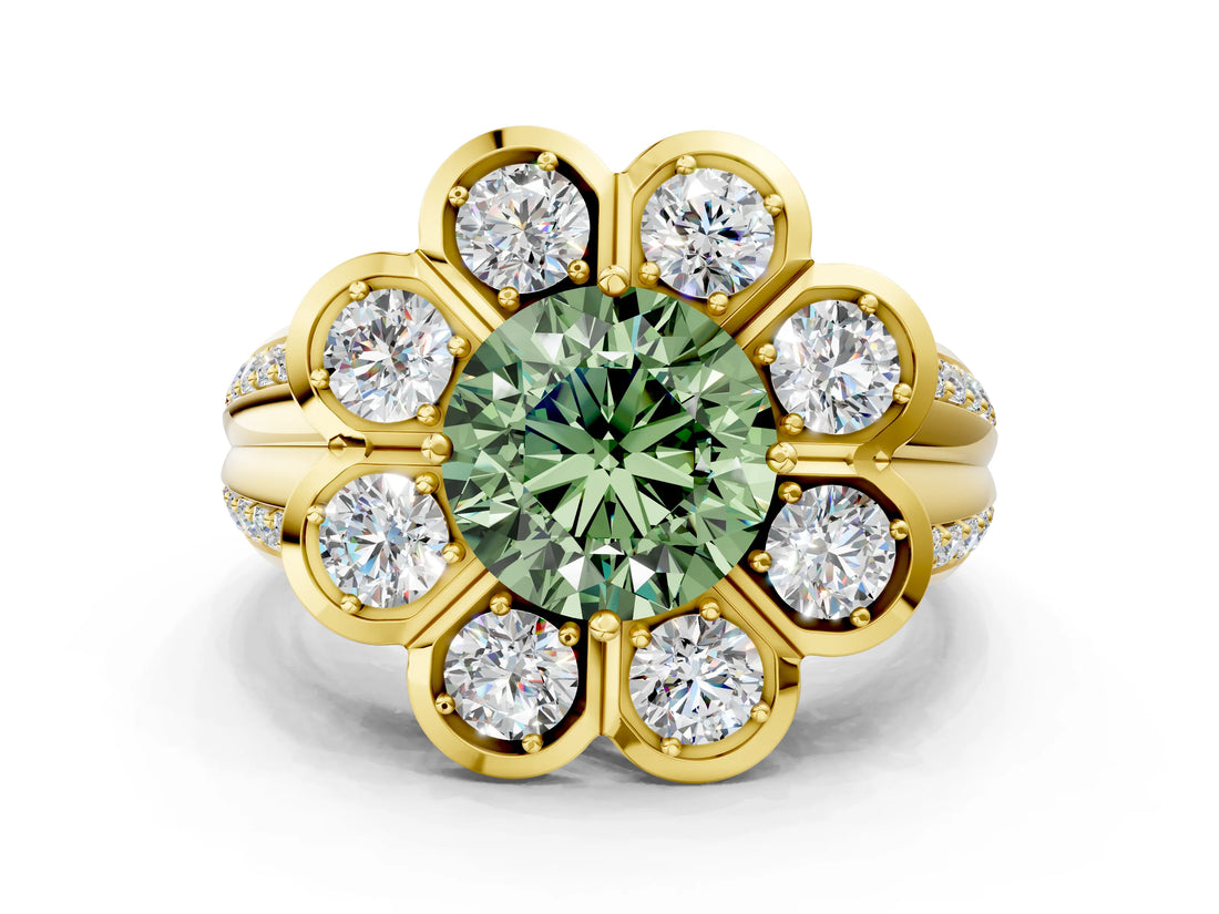 Yellow gold Fancy Green Round  Brilliant Flower Halo Diamond Split Shank Ring_83